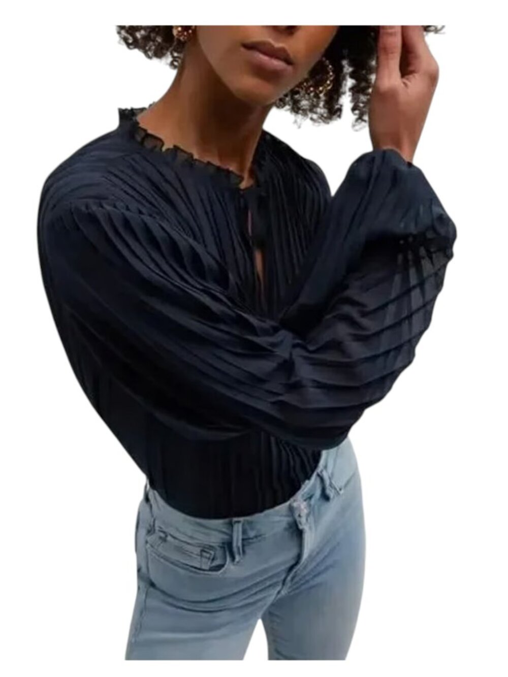 FRAME Pleated Tie Front Blouse Navy Blue Silk Blend XS - Picture 2 of 3